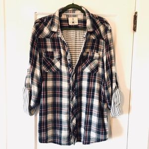 Mens Plaid Button-Up Flannel- Navy & Burgundy- XXL